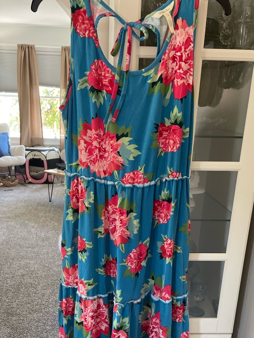 Blue Floral Tiered Womens ' Dress with Pink Bloom Print